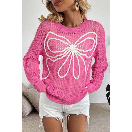 Sachet Pink Sweet Bow Decor Hollow Out Knitted Drop Shoulder Sweater