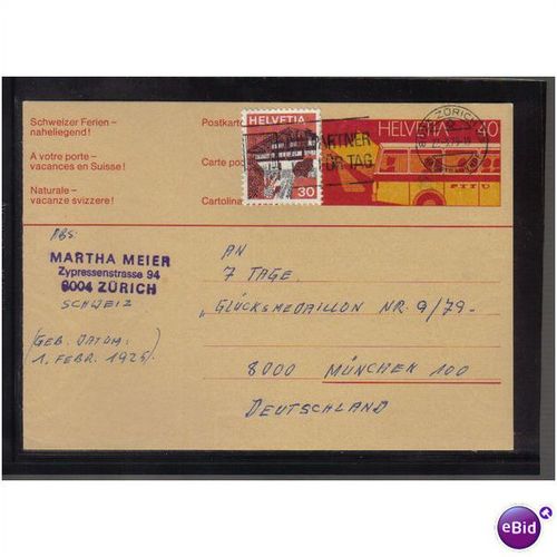 1979 SWITZERLAND P/PAID PC UPRATED ZURICH 23 PMK