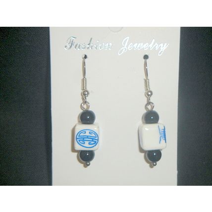 Oriental Chinnese style white ceramic cube blue script earrings