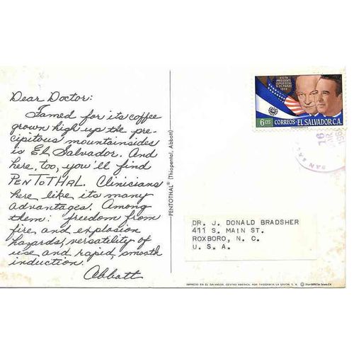 Dear Doctor Ad Medicine Postcard 1960, Elsalvador to USA, Volcano