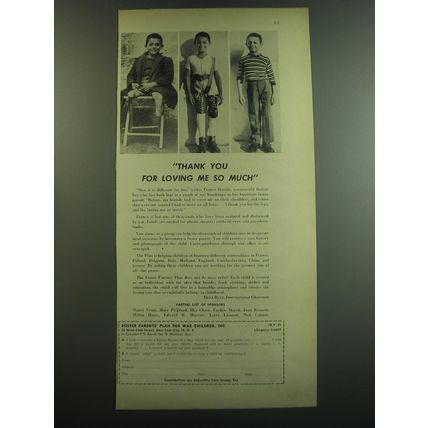 1949 Foster Parents Plan for War Children Ad - Thank you for loving me so much