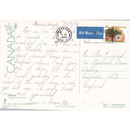 Ontario Cottage Country Canada Postcard posted 1994 creased