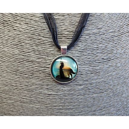 Wolf Dog Spirit Guide Glass Cabochon Pendant Black Organza Necklace Gift Boxed