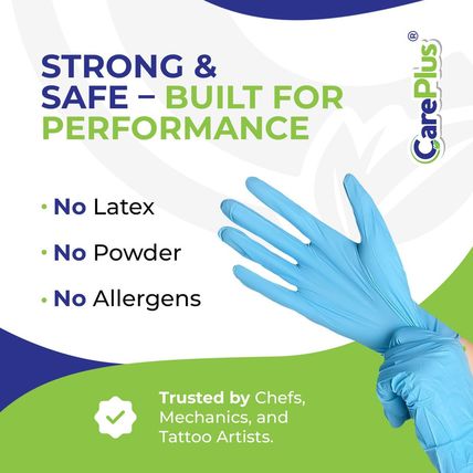CARE plus Medical Grade Examination Nitrile Blue Gloves, Powder and Latex Free |
