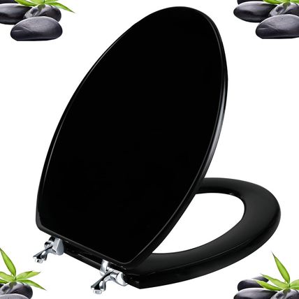 Black Elongated Toilet Seat Natural Wood Toilet Seat with Zinc Alloy Hinges, Eas