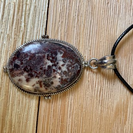 Red Brecciated Jasper Oval Pendant Necklace 925 Silver Adjustable Cord Chain 20"