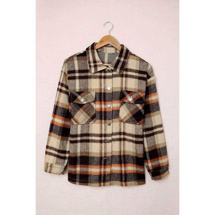 Orange Geometric Plaid Print Pocketed Shirt
