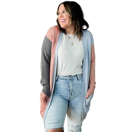 Multicolor Plus Size Colorblock Pocketed Open Front Cardigan