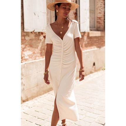 Beige V Neck Ruched Button Front French T-shirt Dress