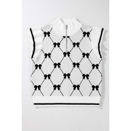 Black Preppy Vibes Bow Print Zipped Collar Sweater Tee
