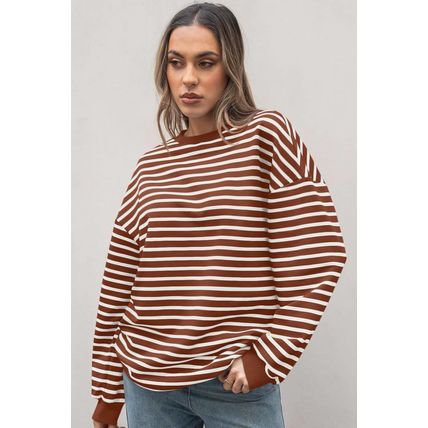 Coffee Striped Long Sleeve Round Neck Loose Top
