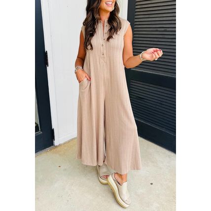 Smoke Gray Textured Buttoned Wide Leg Sleeveless Jumpsuit