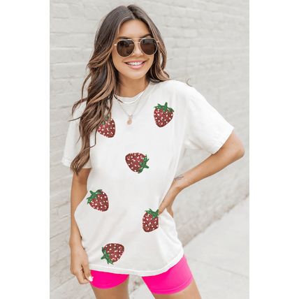 White Sequin Strawberry Patched Crew Neck T Shirt