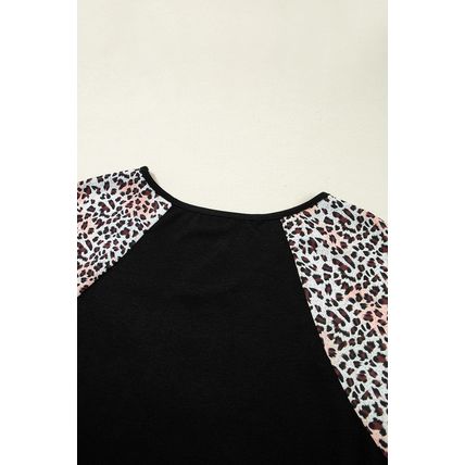 Black Leopard Ruffle Patchwork Sleeve Plus Size Summer Top
