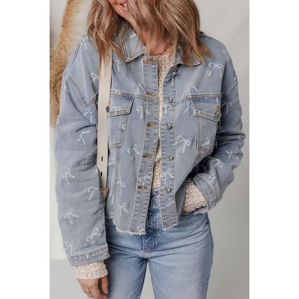 Sky Blue Bow Knot Print Light Wash Raw Hem Denim Jacket