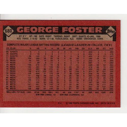 1986 Topps George Foster card- #680 - NM- Mets