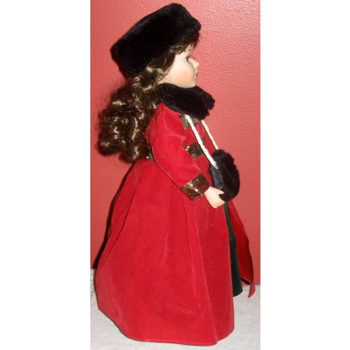 Winter Dressed Brunette Porcelain Doll in Red with Black Fur Accents