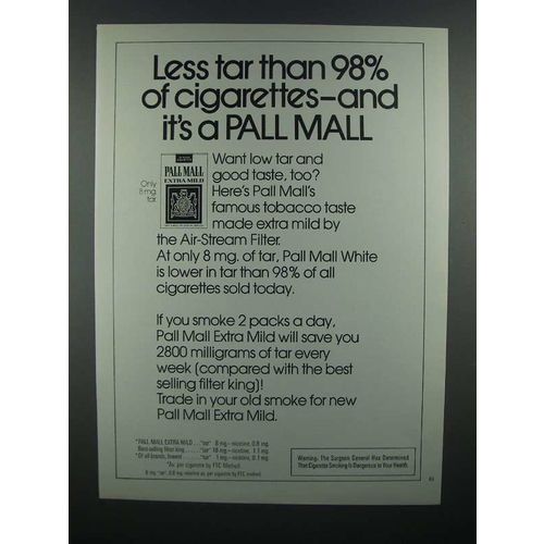 1976 Pall Mall Extra Mild Cigarette Ad - Less Tar