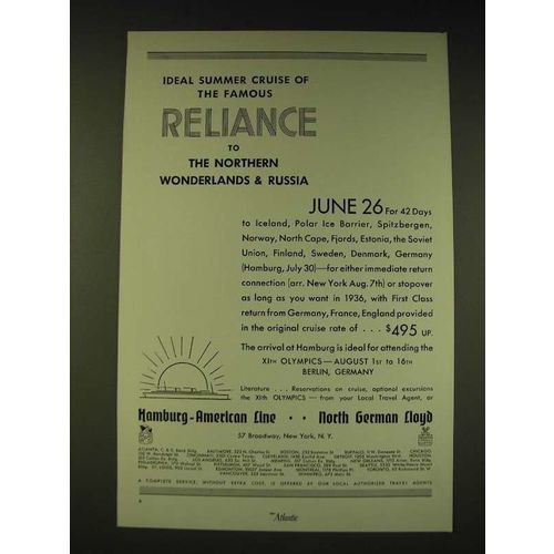 1936 Hamburg-American Line Ad - Ideal Summer cruise of the famous Reliance