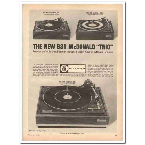 BSR USA LTD 1968 McDonald Trio 400 500 600 turntable stereo vintage ad