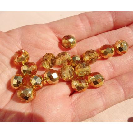 12 Faceted Gold Vitrail Crystal Round Glass Beads 10mm Czech Vintage bd080