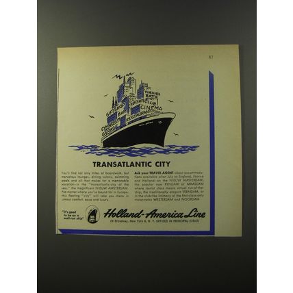 1953 Holland-America Line Cruise Ad - Transatlantic City