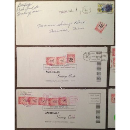 1970's LOT/5 POSTAGE DUE Covers, With Handstamps & Stamps, MERRIMAC SAVINGS BANK
