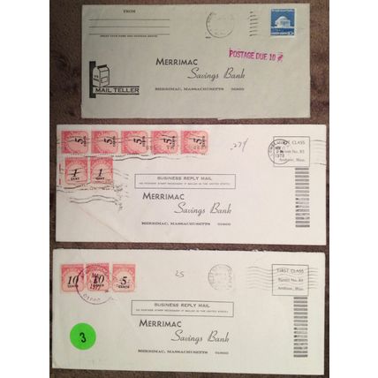 1970's LOT/5 POSTAGE DUE Covers, With Handstamps & Stamps, MERRIMAC SAVINGS BANK