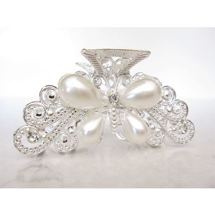 Silver metal butterfly faux pearl and clear crystal hair claw clip bridal clip