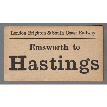 LONDON BRIGHTON & SOUTH COAST RAILWAY LUGGAGE LABEL - EMSWORTH to HASTINGS
