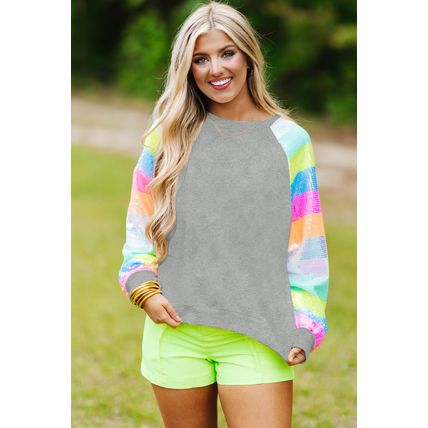 Gray Sequin Color Block Raglan Sleeve Pullover Sweatshirt