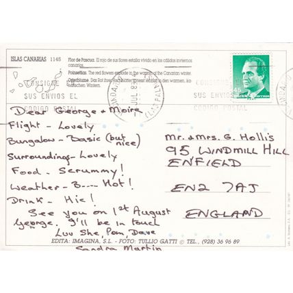 Poinsettas Canary Islands Postcard posted 1989 crease