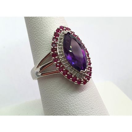 3.7ct Amethyst Burmese Ruby White Topaz Ring Size P½ Rhodium Overlay 925 Silver