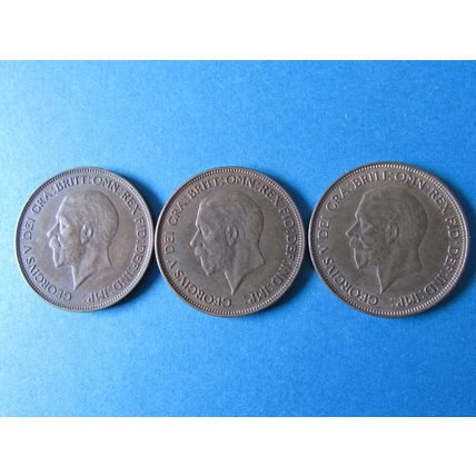 THREE GEORGE V PENNIES 1934,1935 & 1936 DATE RUN. (ebid)