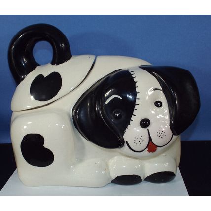 Rare Vintage Ceramic Spotted White Dog with Black Spots Large Cookie Jar