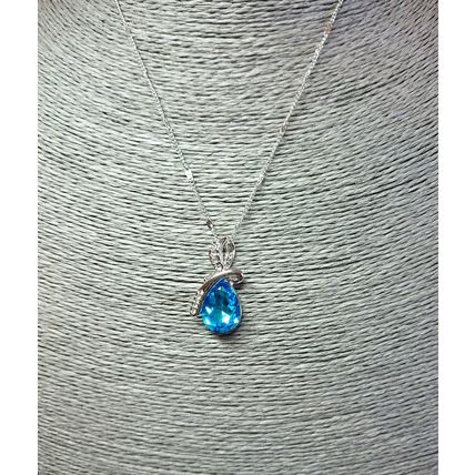 Silver Aquamarine Turquoise Blue Rhinestone Diamante Crystal Pendant Necklace