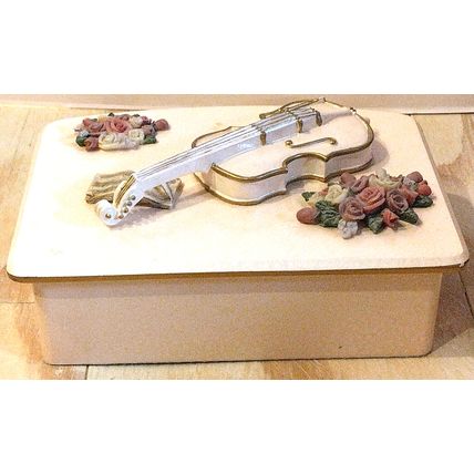 Vintage Pink Pearl Jewelry Box White Violin & Flowers Hand-Painted With Mirror