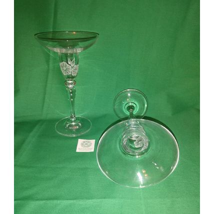 PAIR OF CLEAR GLASS CHAMPAGNE COUPE STYLE CANDLEHOLDERS w WHITE FLOWER DESIGN