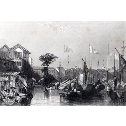EUROPEAN FACTORIES, CANTON 1870 China Opium War - James Tingle ENGRAVING