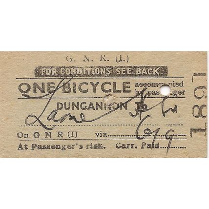 Great Northern Rly Ireland Edmondson Bicycle Ticket - Dungannon to Larne Harbour