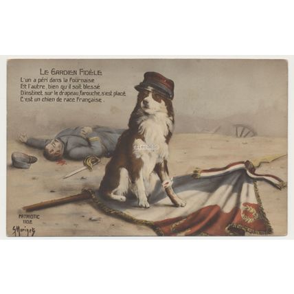 LE GARDIEN FIDÈLE Patriotic France art Postcard WW1 WWI Soldier Dog and flag,