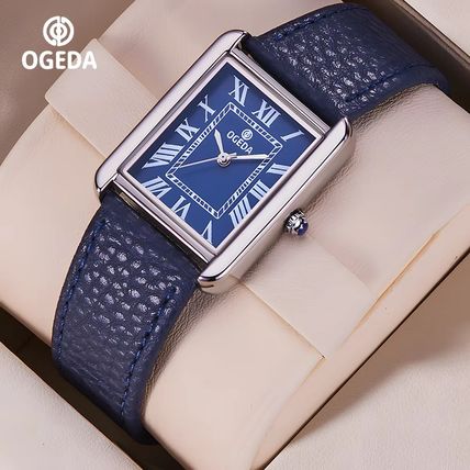 Gents Blue Square Tank Face Sony Battery Blue Genuine Leather Strap Watch