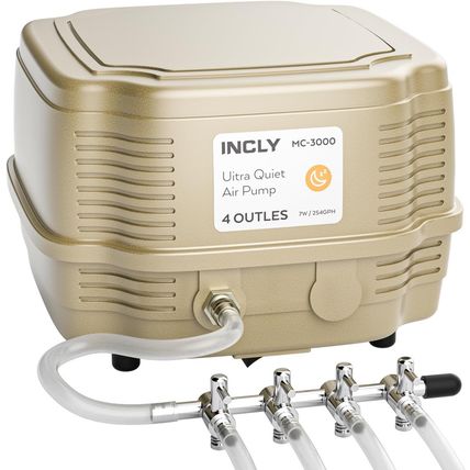 INCLY 7W Ultra Silent Aquarium Air Pump - 245 Gallon/Hr, 4 Adjustable Outlets -