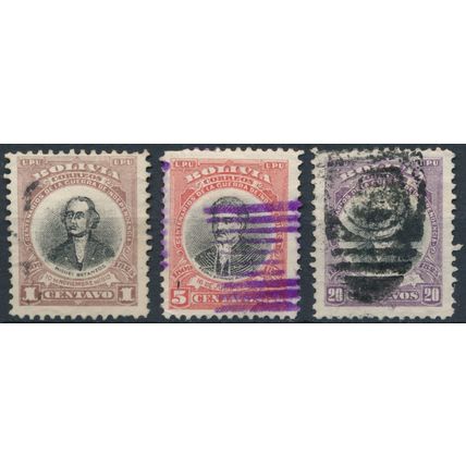 Centenary War of Independence: 3 Values - Bolivia 1909 - FH - MiNr 77, 79 & 81