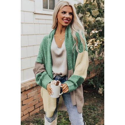 Green Colorblock Draped Open Front Chunky Cardigan