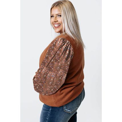 Brown Plus Size Printed Splicing Sleeve Ribbed Trim Sweater