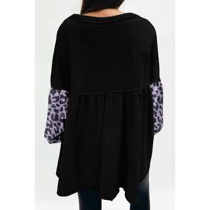 Black Leopard Splicing Sleeve Ruffle Loose Sweatshirt