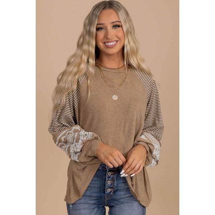 Light French Beige Floral Striped Patchwork Loose Long Sleeve Top