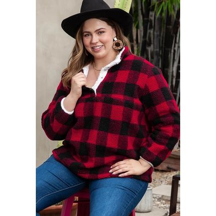 Fiery Red Plus Size Buffalo Plaid Sherpa Henley Sweatshirt
