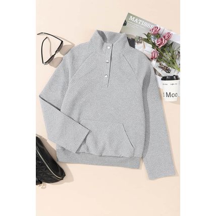 Light Grey Textured Knit Buttoned Kangaroo Pocket Sweatshirt